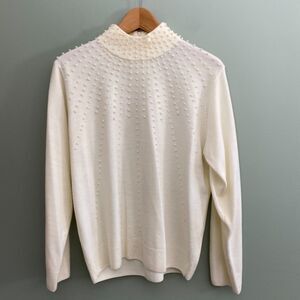BFA Classics Beaded Sweater Back Zip Mock Neck Knit Ivory Womens Large